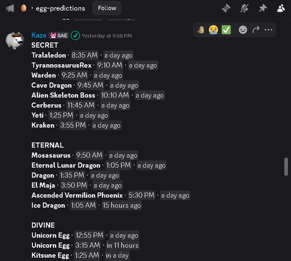 Screenshot of Secret and Eternal tier egg predictions in the Steal An Egg Discord server